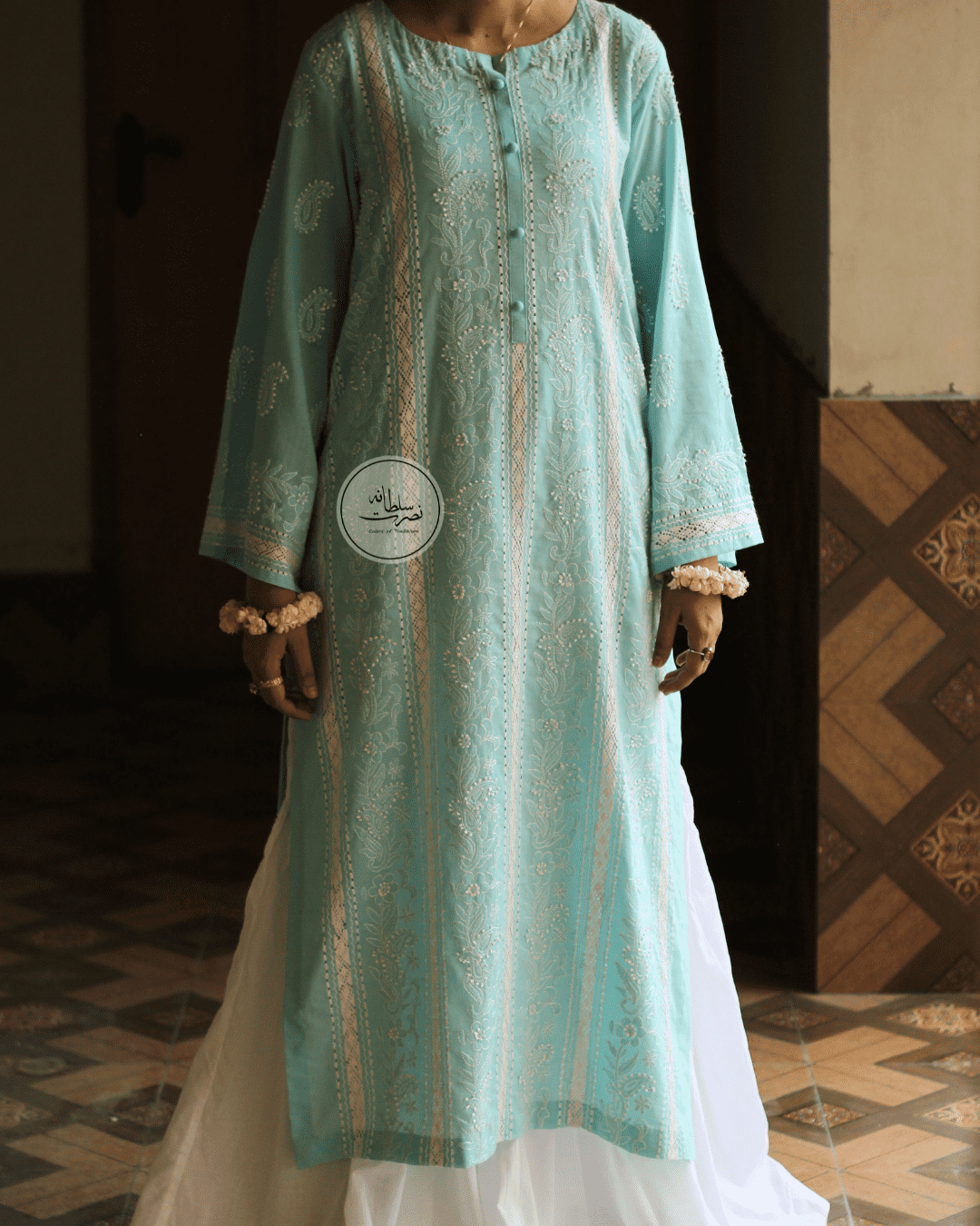 Turquoise Handcrafted Tarkashi & Chikankari shirt work - Pret