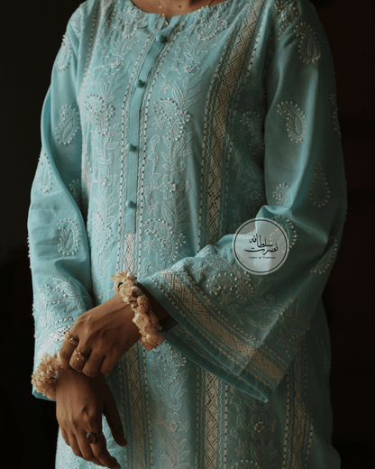 Turquoise Handcrafted Tarkashi & Chikankari shirt work - Pret