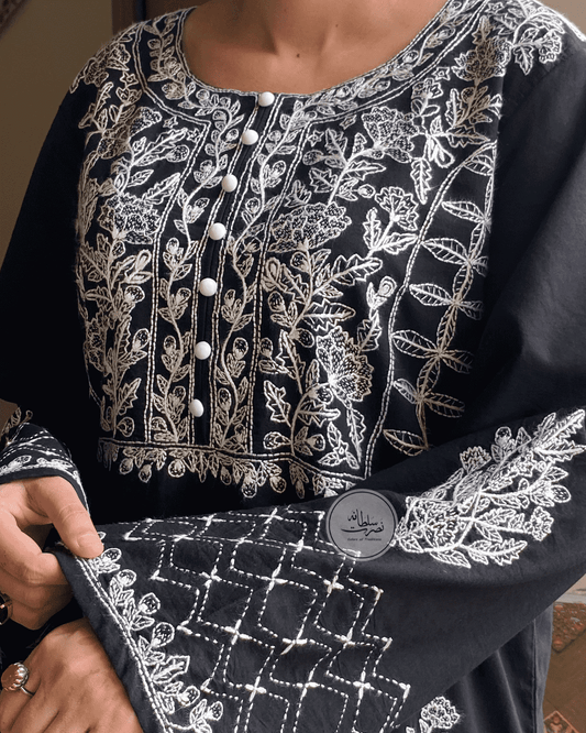 Classic Black - Kacha Tanka Hand Embroidered Shirt - Pret