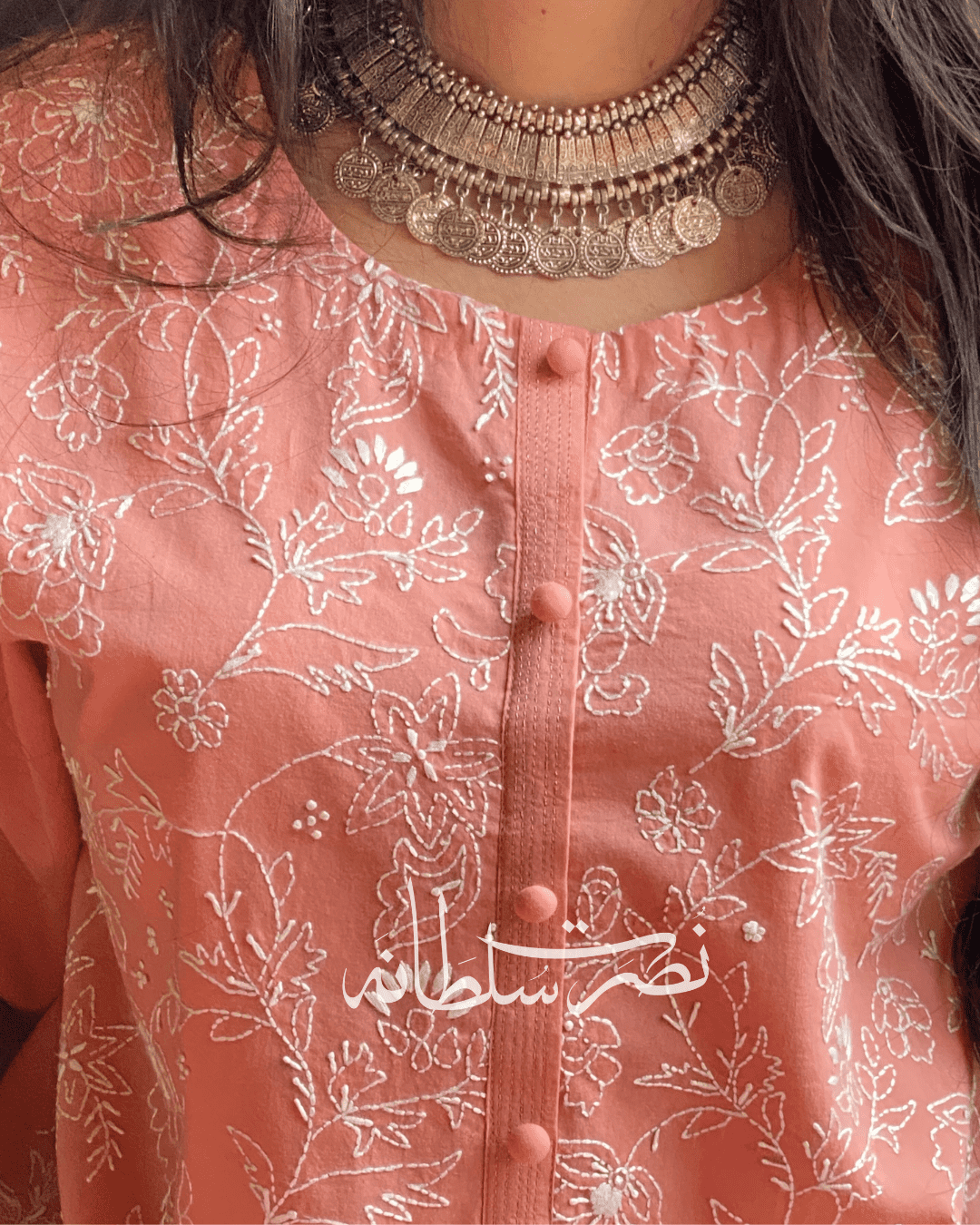 Classic Hand Embroidered Chikankari Lawn Shirt - Fresh Peach