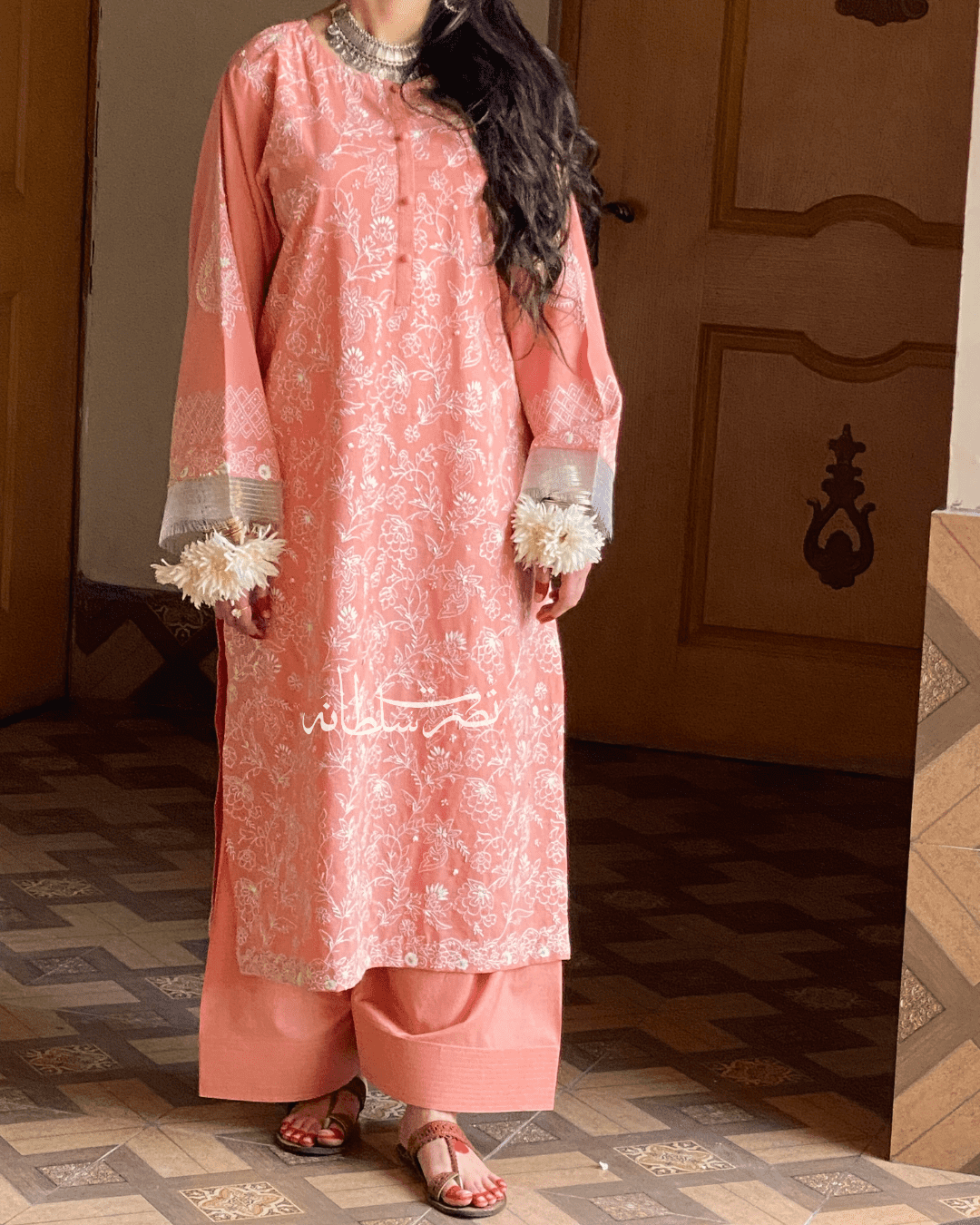 Classic Hand Embroidered Chikankari Lawn Shirt - Fresh Peach