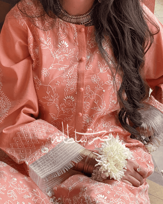 Classic Hand Embroidered Chikankari Lawn Shirt - Fresh Peach