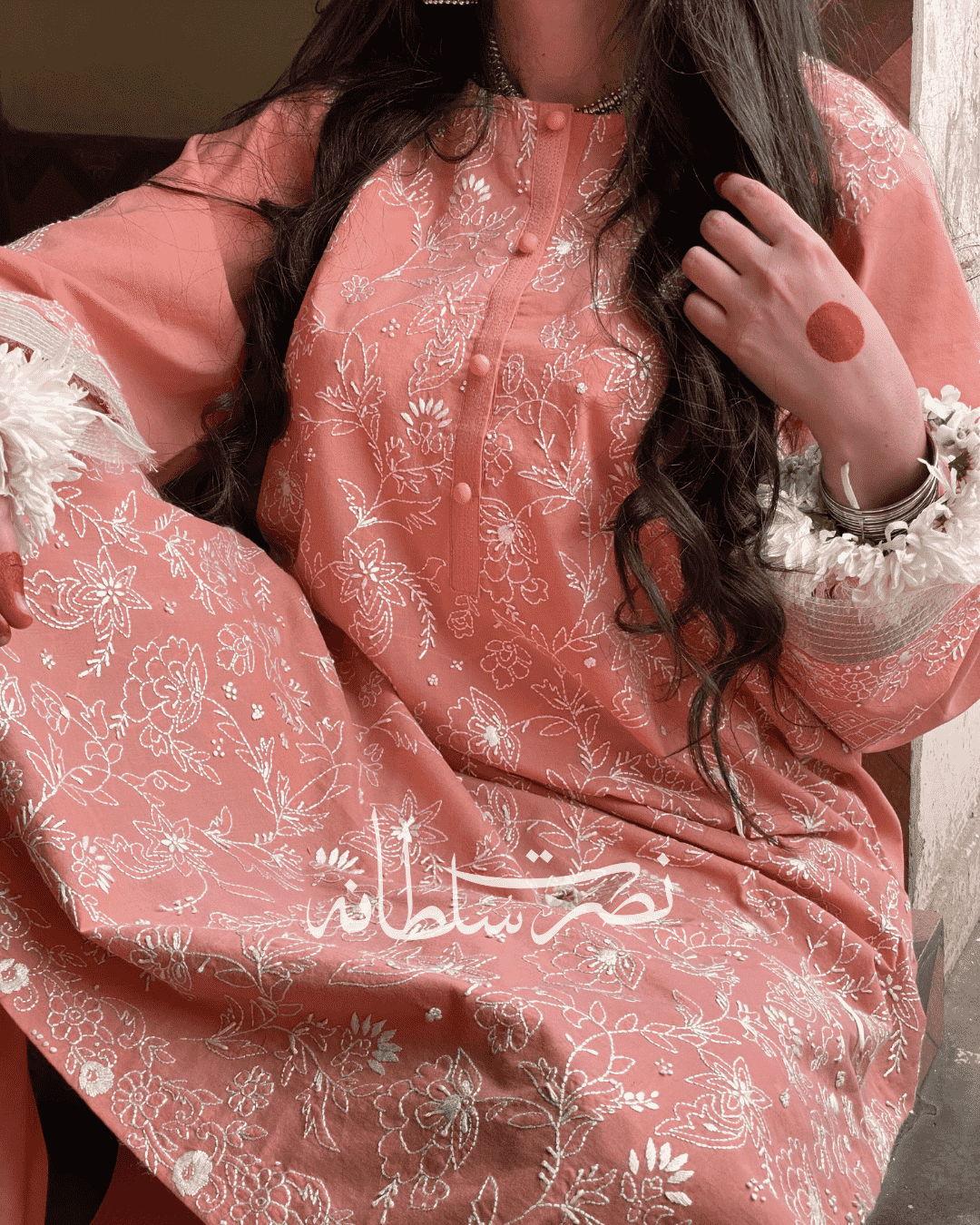 Classic Hand Embroidered Chikankari Lawn Shirt - Fresh Peach