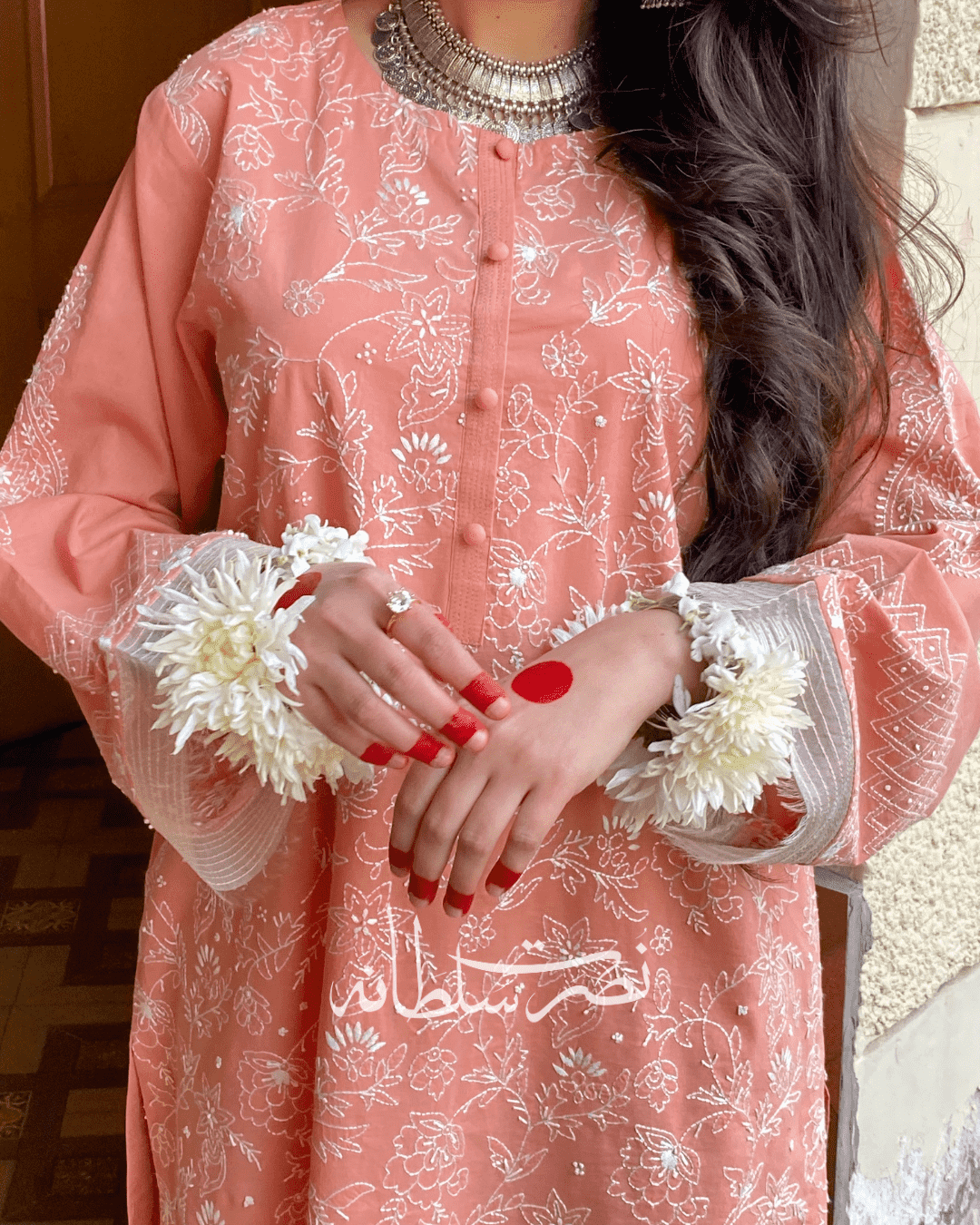 Classic Hand Embroidered Chikankari Lawn Shirt - Fresh Peach