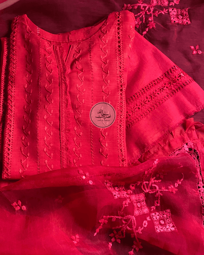 Hot Red - Handcrafted Tarkashi - Irish Linen Shirt