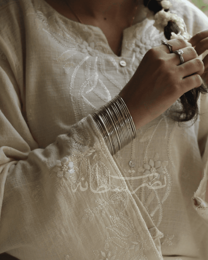 Classic Off White Hand Embroidered Shirt with Tukri Work - Pret