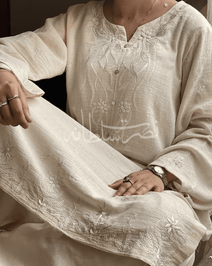 Classic Off White Hand Embroidered Shirt with Tukri Work - Pret