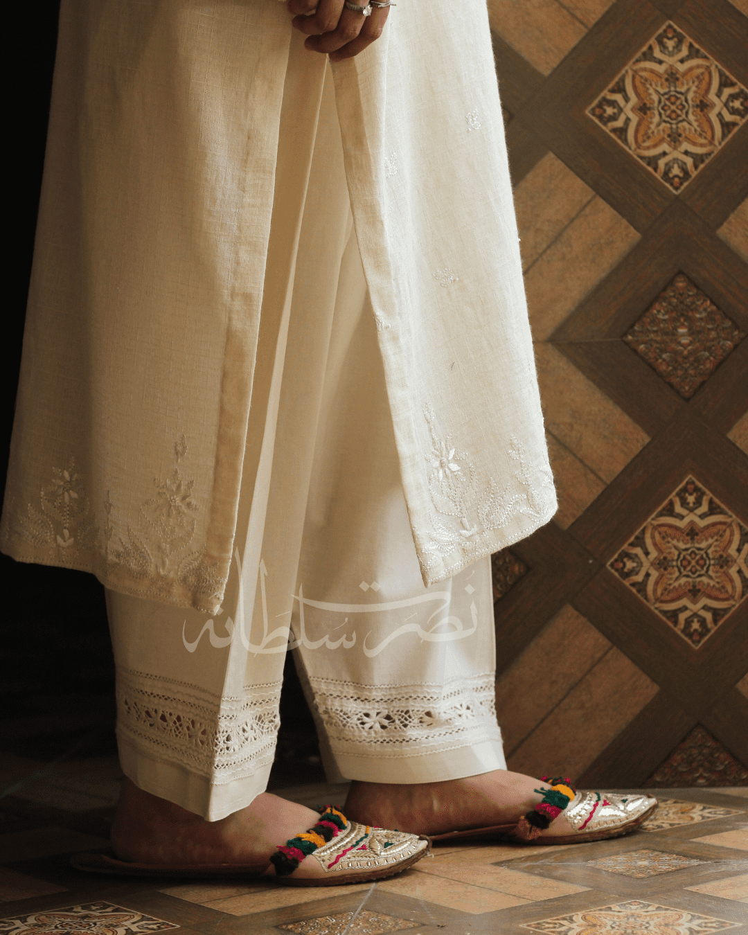 Classic Off White Hand Embroidered Shirt with Tukri Work - Pret