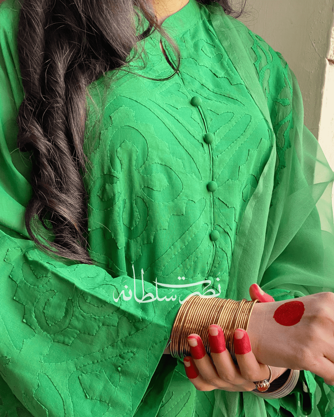 Handcrafted Ralli Work Swiss Lawn Kurta & Organza Dupatta - Emerald Green