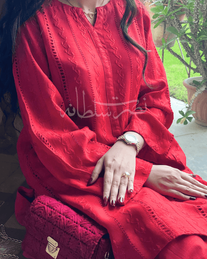 Handcrafted Straight Lines Tarkashi Shirt - Irish Linen - Red Shade