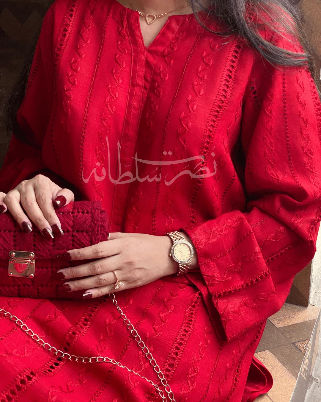 Handcrafted Straight Lines Tarkashi Shirt - Irish Linen - Red Shade