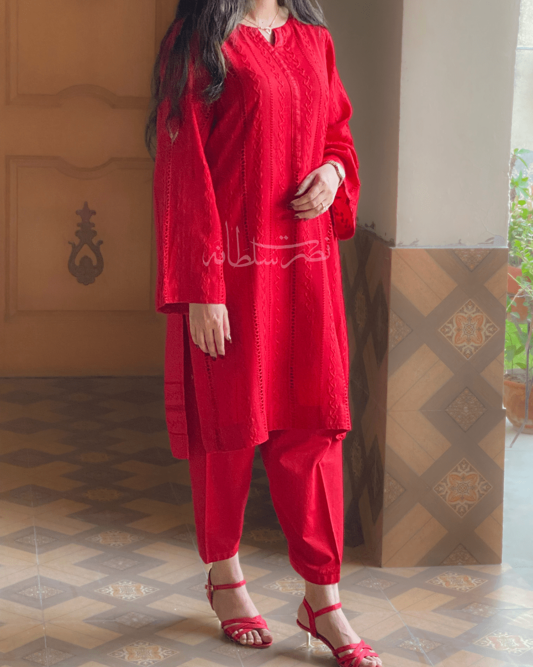 Handcrafted Straight Lines Tarkashi Shirt - Irish Linen - Red Shade
