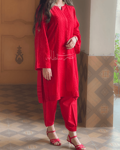 Handcrafted Straight Lines Tarkashi Shirt - Irish Linen - Red Shade