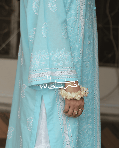 Turquoise Handcrafted Tarkashi & Chikankari shirt work - Pret