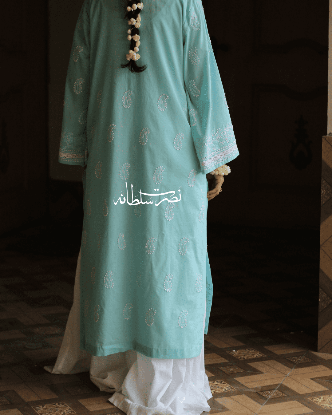 Turquoise Handcrafted Tarkashi & Chikankari shirt work - Pret