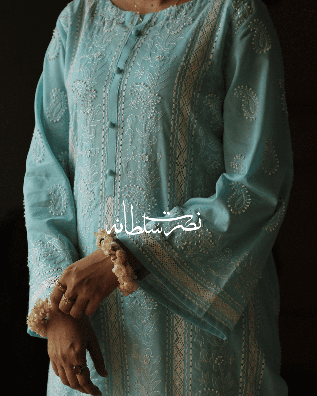 Turquoise Handcrafted Tarkashi & Chikankari shirt work - Pret