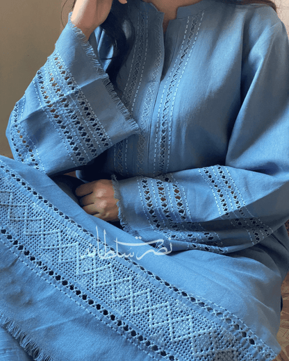 Classic Handcrafted Tarkashi Shirt - Soft Irish Khaddar - Steel Blue