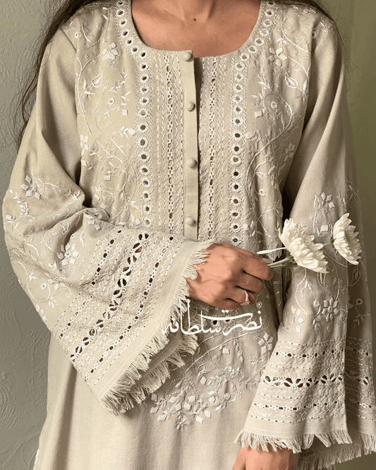 Ivory Beige Exclusive Hand Embroidered Tarkashi Kurta – Soft Khaddar