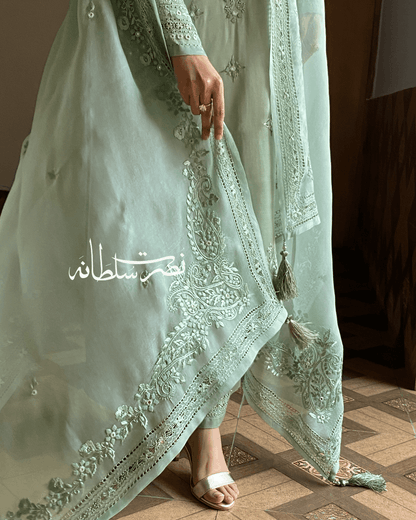 Pure Organza Hand Embroidery and Tarkashi Dupatta - Sage Green Shade