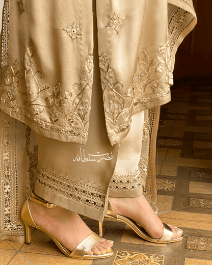 Premium Silk Handmade Warm Ivory Gold Two Piece - Pret