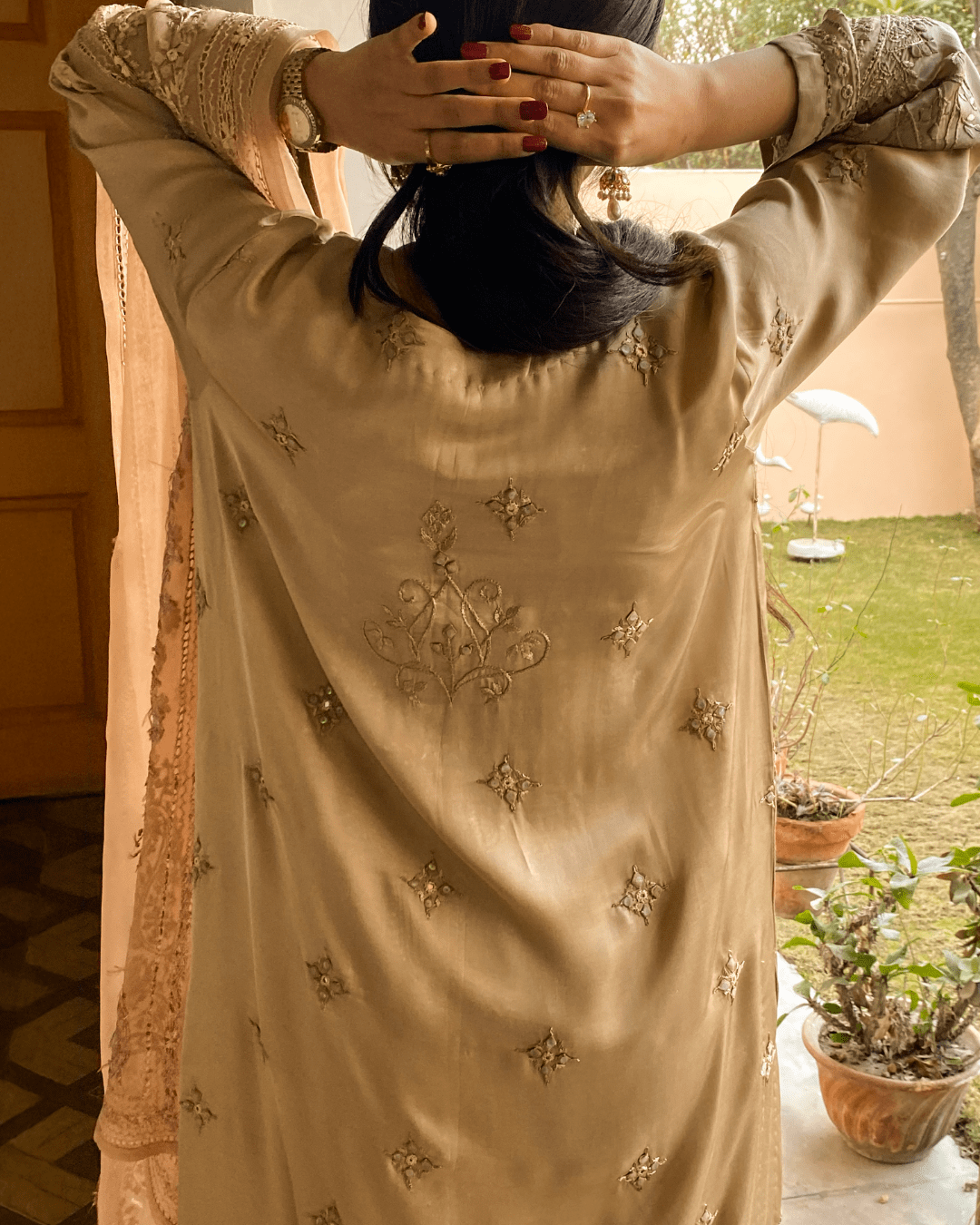 Premium Silk Handmade Warm Ivory Gold Two Piece - Pret