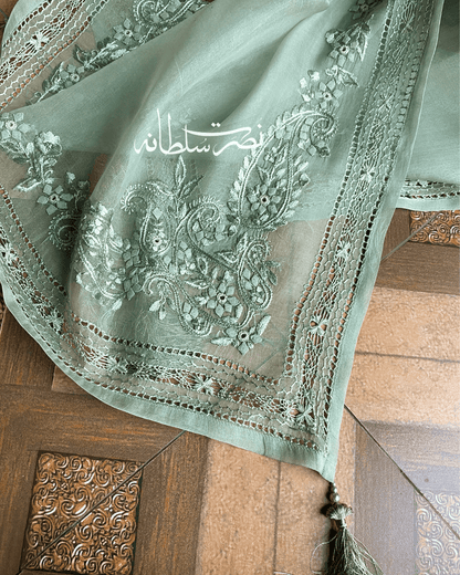 Pure Organza Hand Embroidery and Tarkashi Dupatta - Sage Green Shade