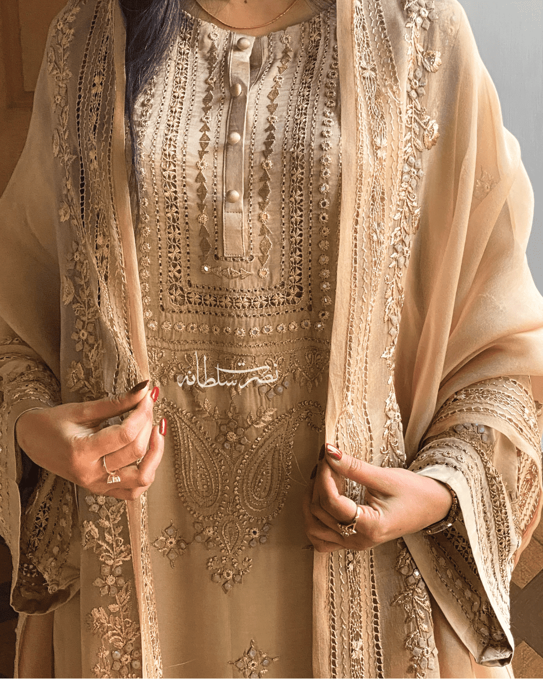 Premium Silk Handmade Warm Ivory Gold Two Piece - Pret