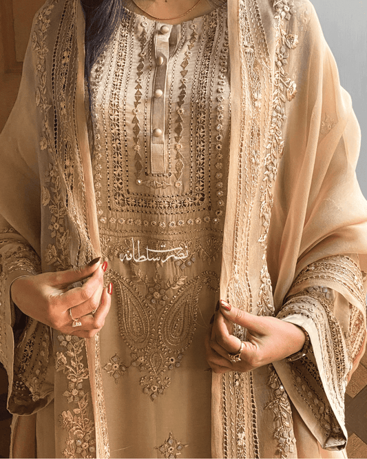 Premium Silk Handmade Warm Ivory Gold Two Piece - Pret