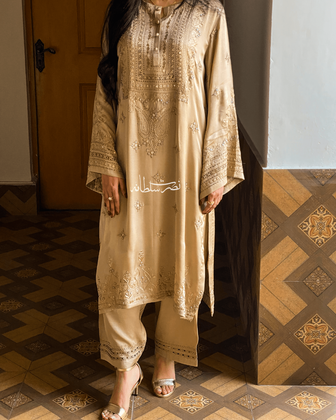 Premium Silk Handmade Warm Ivory Gold Two Piece - Pret