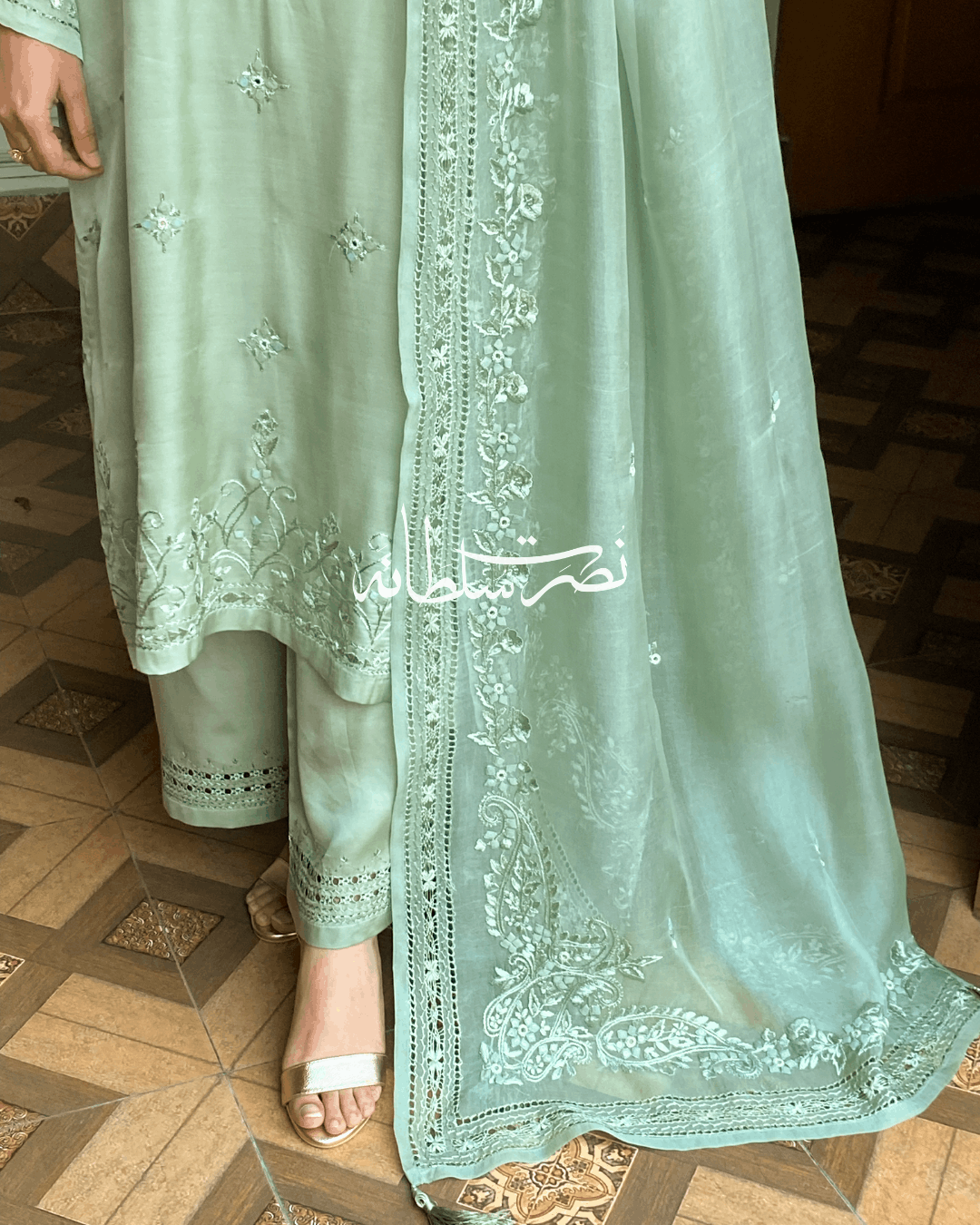 Pure Organza Hand Embroidery and Tarkashi Dupatta - Sage Green Shade