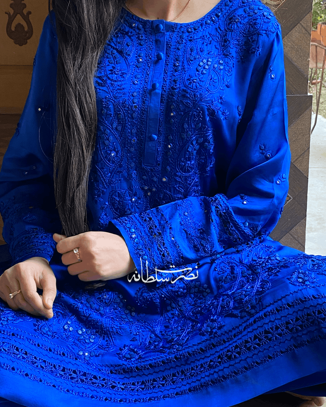 Premium Silk Hand Embroidered Two Piece - Electric Blue Shade