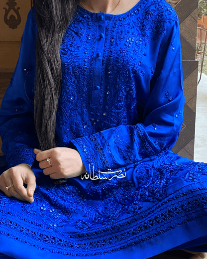 Premium Silk Hand Embroidered Two Piece - Electric Blue Shade