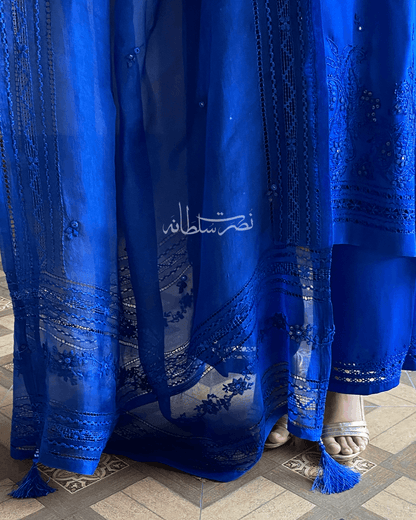 Pure Organza Hand Embroidery and Tarkashi Dupatta - Electric Blue Shade