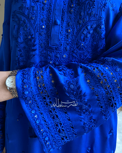 Premium Silk Hand Embroidered Two Piece - Electric Blue Shade