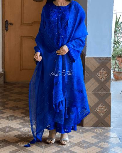 Premium Silk Hand Embroidered Two Piece - Electric Blue Shade