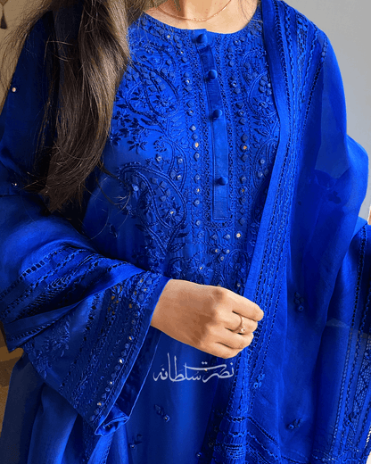 Premium Silk Hand Embroidered Two Piece - Electric Blue Shade