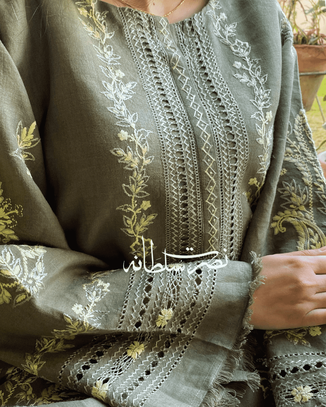 Classical Olive Grey Tarkashi and Hand Embroidered Kurta - Soft Khaddar
