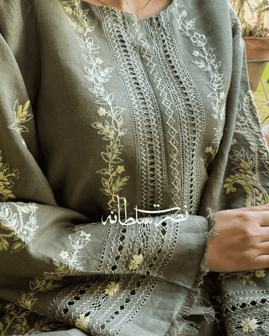 Classical Olive Grey Tarkashi and Hand Embroidered Kurta - Soft Khaddar