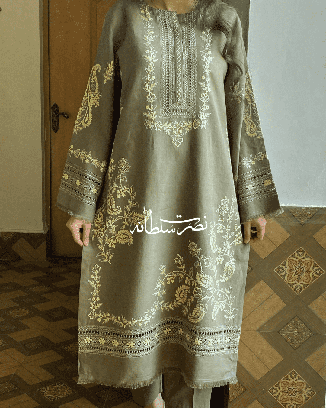 Classical Olive Grey Tarkashi and Hand Embroidered Kurta - Soft Khaddar