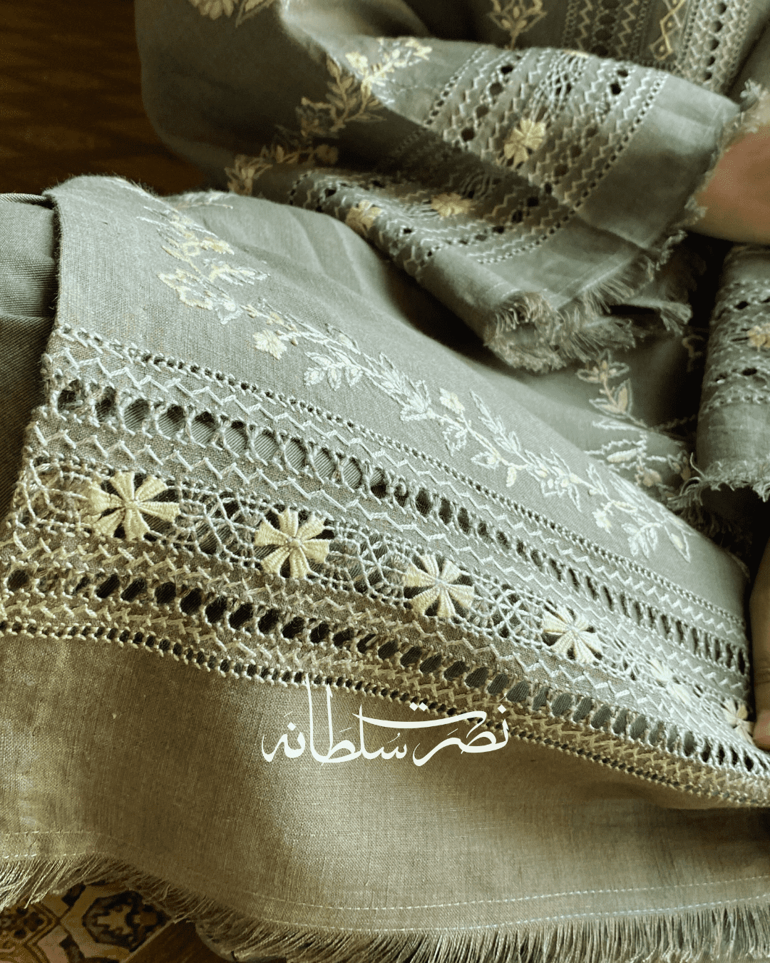 Classical Olive Grey Tarkashi and Hand Embroidered Kurta - Soft Khaddar