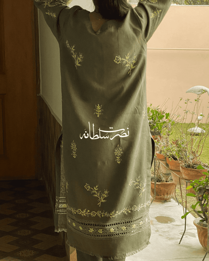 Classical Olive Grey Tarkashi and Hand Embroidered Kurta - Soft Khaddar
