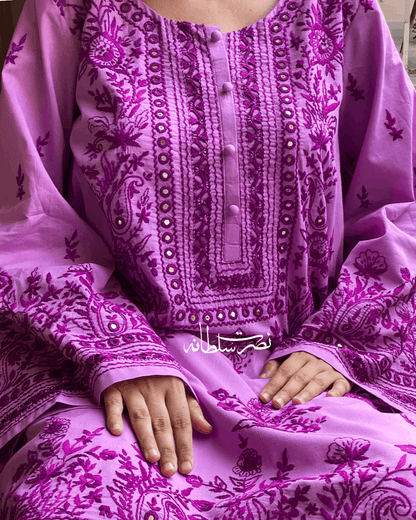 Traditional Handcrafted Pure Lawn Kurta - Lilac Shade