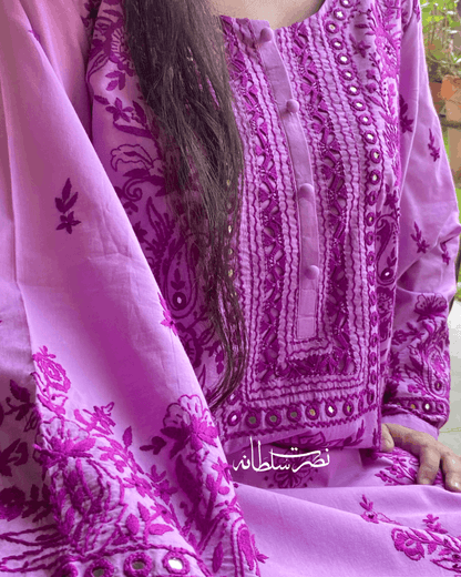 Traditional Handcrafted Pure Lawn Kurta - Lilac Shade