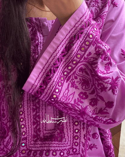 Traditional Handcrafted Pure Lawn Kurta - Lilac Shade