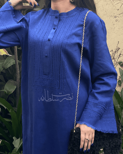 Classic Blue Handmade Tarkashi Kurta - Soft Irish Khaddar