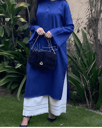 Classic Blue Handmade Tarkashi Kurta - Soft Irish Khaddar