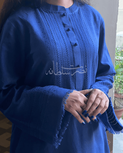 Classic Blue Handmade Tarkashi Kurta - Soft Irish Khaddar