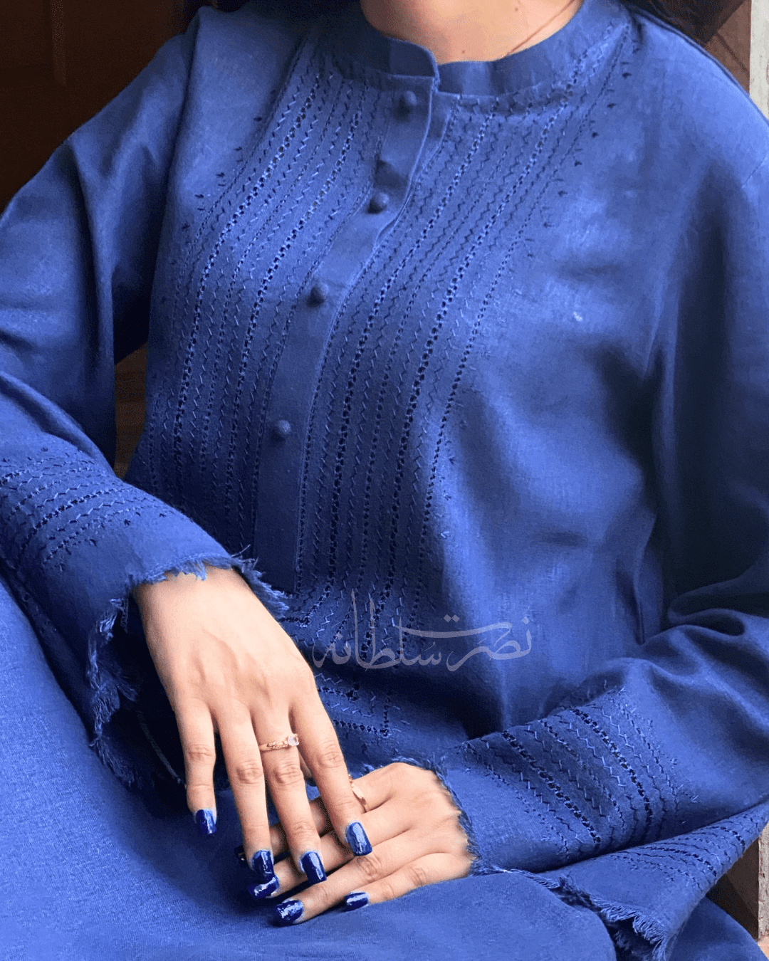 Classic Blue Handmade Tarkashi Kurta - Soft Irish Khaddar