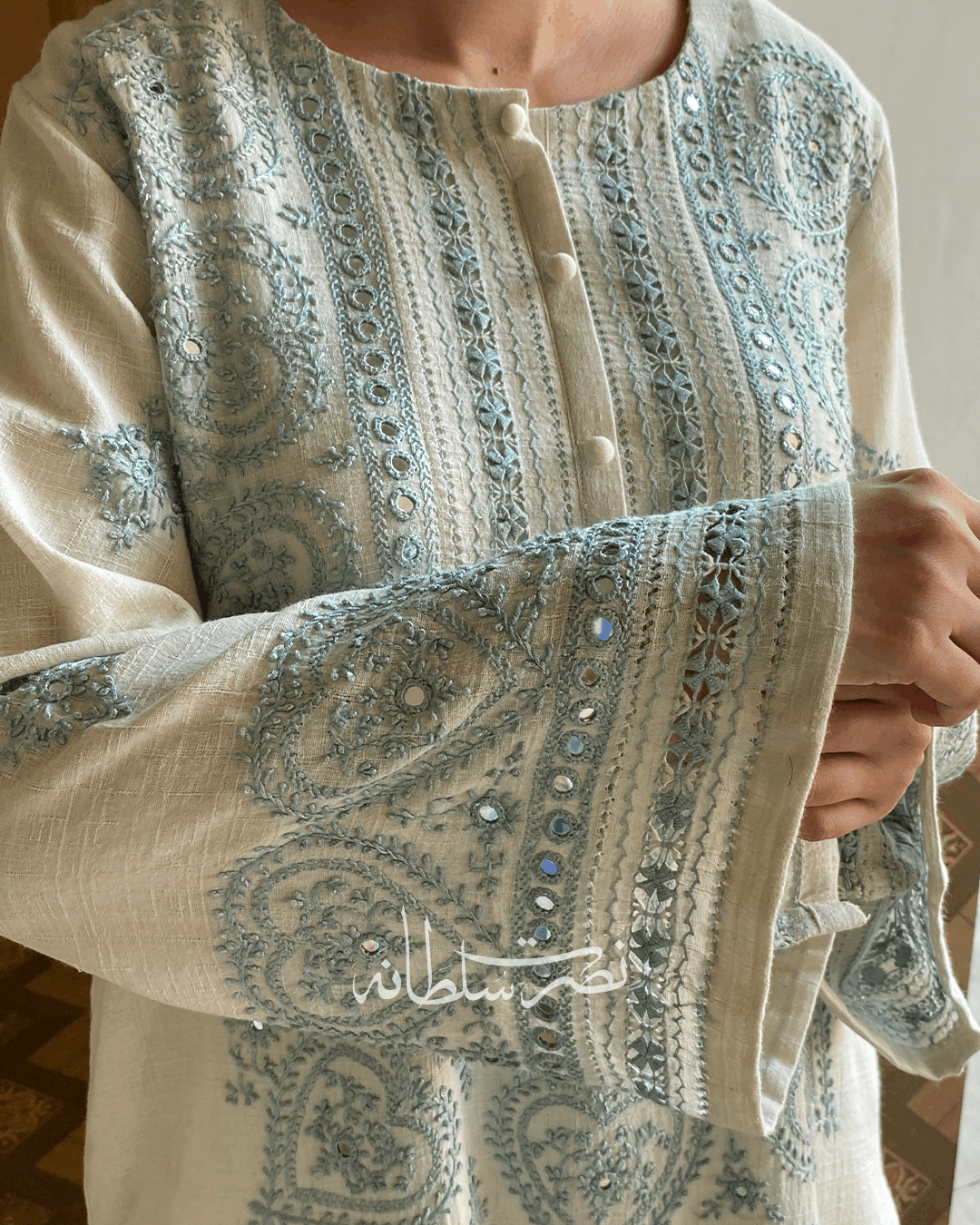 Handmade Ivory Kurta with Tarkashi, Hand Embroidery, Mirror Work Kurta - Irish Lawn