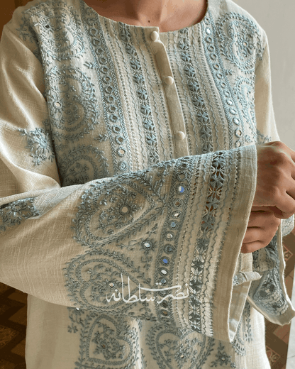 Handmade Ivory Kurta with Tarkashi, Hand Embroidery, Mirror Work Kurta - Irish Lawn